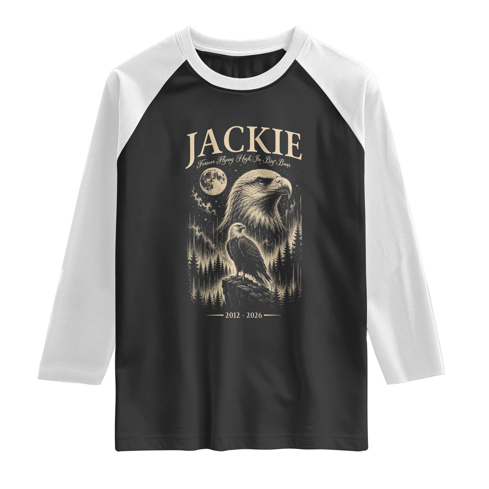 Jackie Forever Flying High in Big Bear Memorial Vintage Raglan Shirt Bald Eagle Queen 2012 2026 Moon Forest Nature Graphic TS02 Black White Print Your Wear