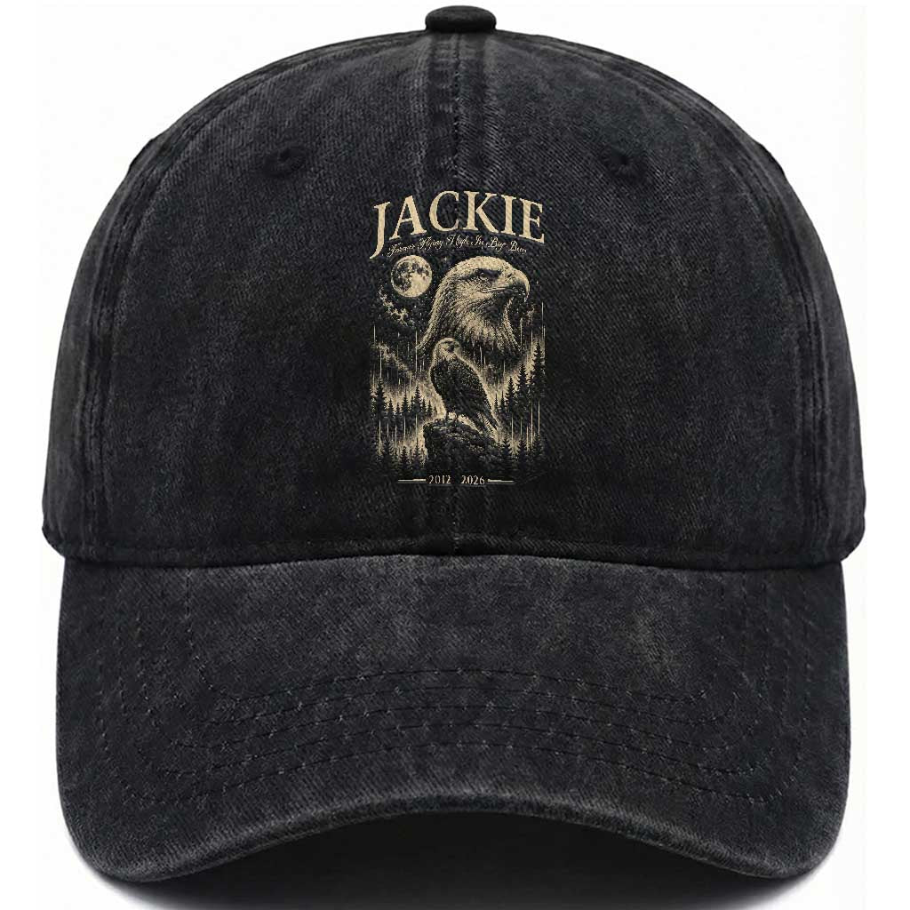 Jackie Forever Flying High in Big Bear Memorial Vintage Washed Cotton Baseball Cap Bald Eagle Queen 2012 2026 Moon Forest Nature Graphic TS02 Print Your Wear