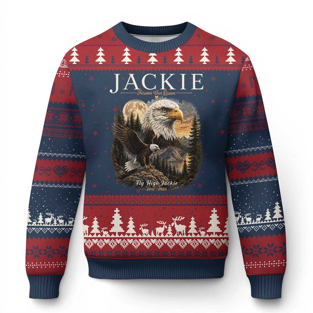 Jackie Forever Our Queen Bald Eagle 2012 2026 Memorial Ugly Christmas Sweater Fly High in Big Bear Moonlit Mountain Tribute TS02 Navy Red Print Your Wear