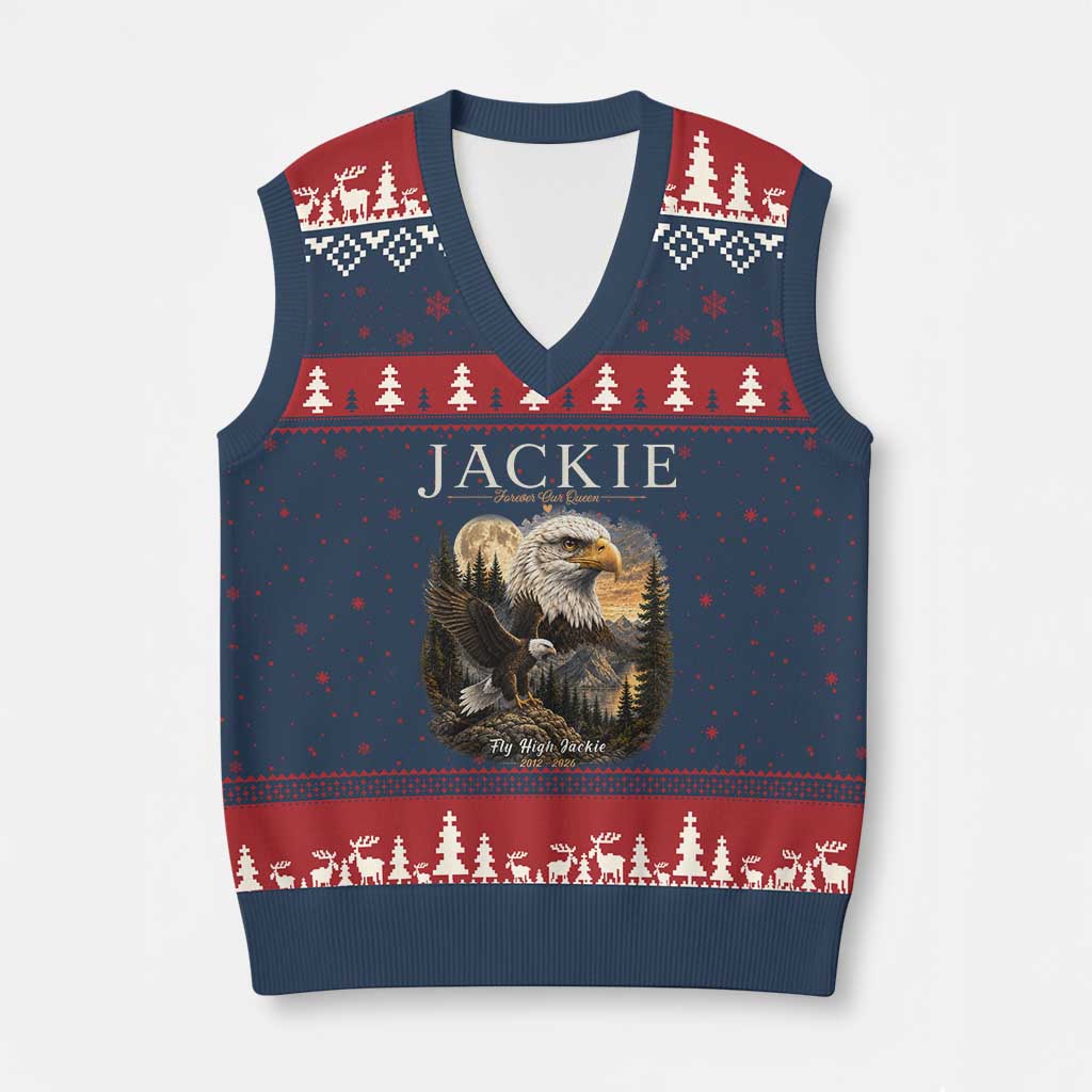 Jackie Forever Our Queen Bald Eagle 2012 2026 Memorial V-Neck Knit Sweater Vest Fly High in Big Bear Moonlit Mountain Tribute TS02 Navy Red Print Your Wear