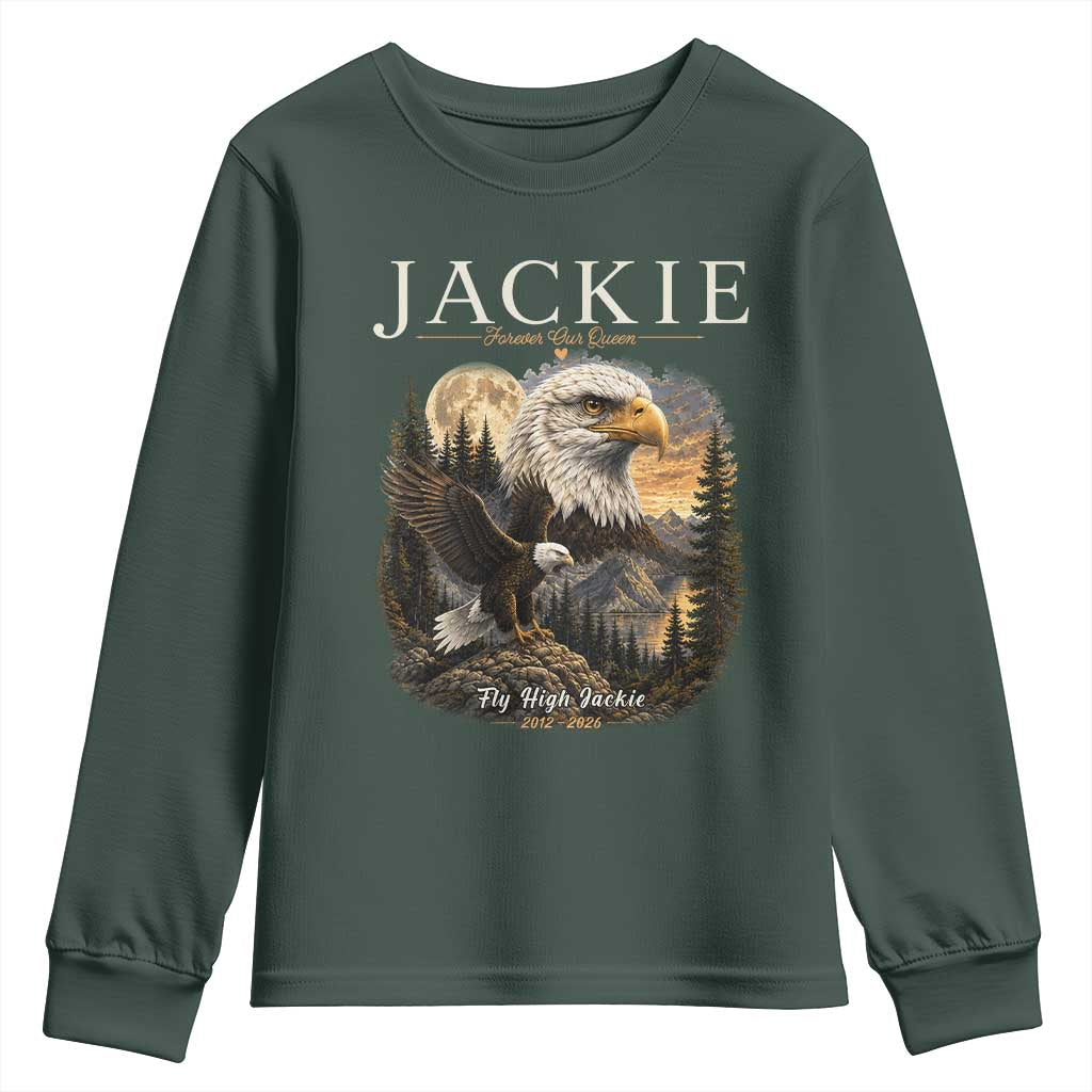 Jackie Forever Our Queen Bald Eagle 2012 2026 Memorial Youth Sweatshirt Fly High in Big Bear Moonlit Mountain Tribute TS02 Dark Forest Green Print Your Wear
