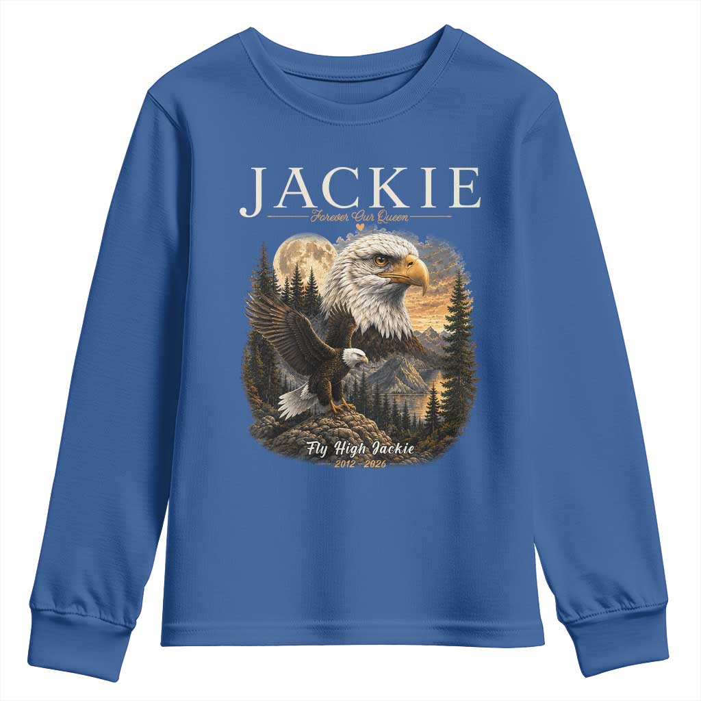 Jackie Forever Our Queen Bald Eagle 2012 2026 Memorial Youth Sweatshirt Fly High in Big Bear Moonlit Mountain Tribute TS02 Royal Blue Print Your Wear