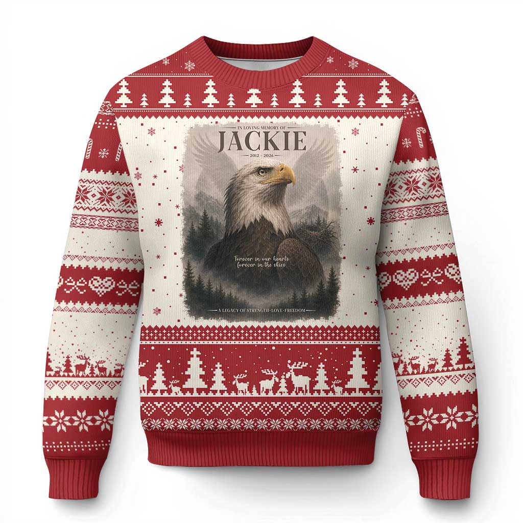 In Loving Memory of Jackie Eagle Memorial Portrait Ugly Christmas Sweater 2012 2026 Legacy Of Strength Wilderness Tribute TS02 Beige Red Print Your Wear