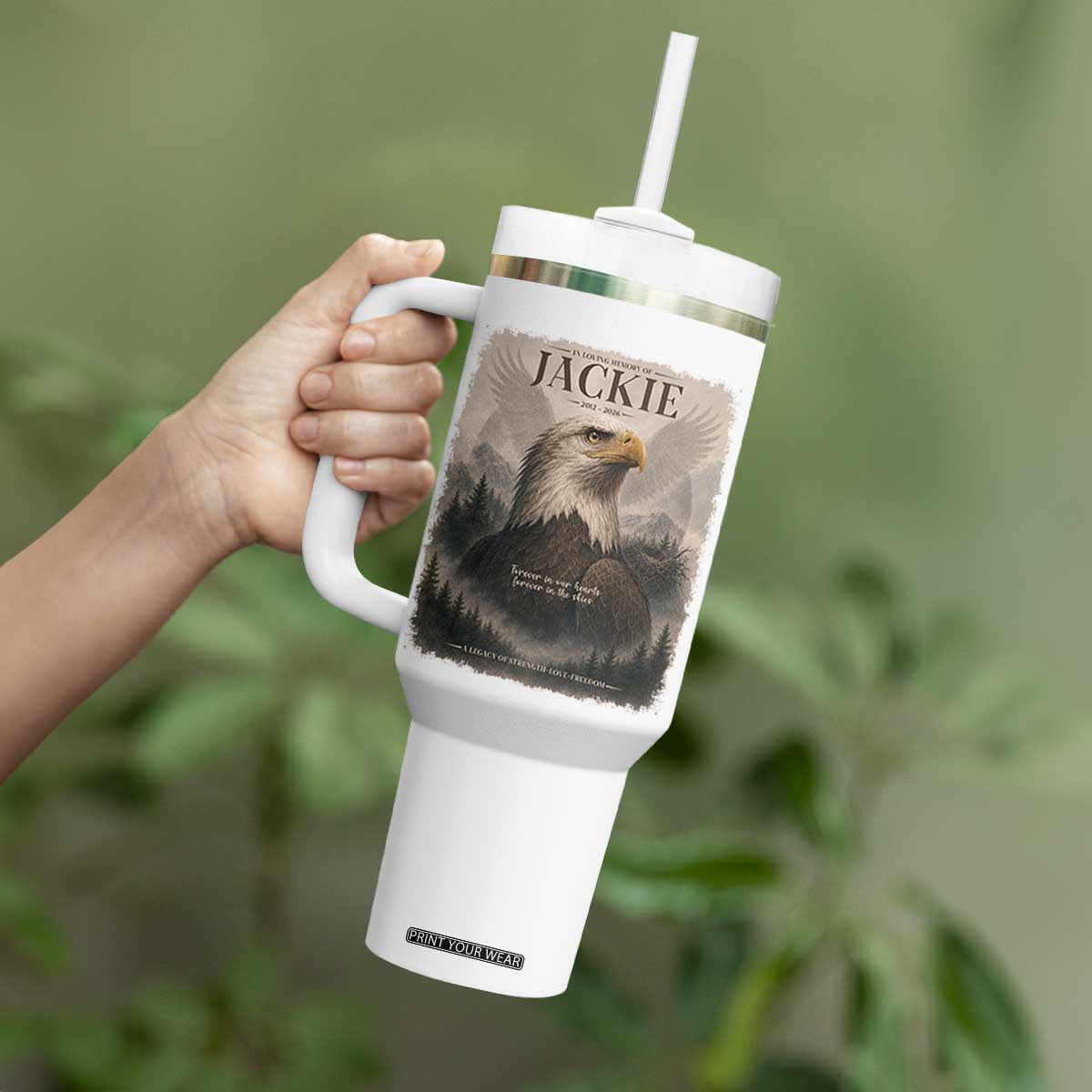 In Loving Memory of Jackie Eagle Memorial Portrait Tumbler With Handle 2012 2026 Legacy Of Strength Wilderness Tribute TS02 Print Your Wear