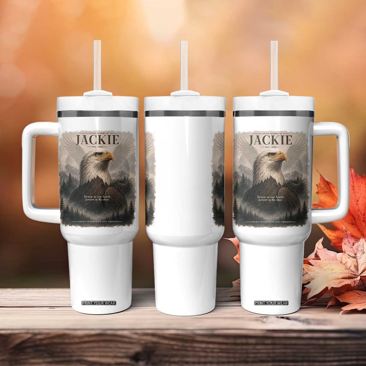 In Loving Memory of Jackie Eagle Memorial Portrait Tumbler With Handle 2012 2026 Legacy Of Strength Wilderness Tribute TS02 Print Your Wear