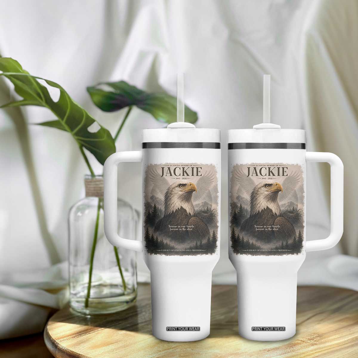 In Loving Memory of Jackie Eagle Memorial Portrait Tumbler With Handle 2012 2026 Legacy Of Strength Wilderness Tribute TS02 Print Your Wear