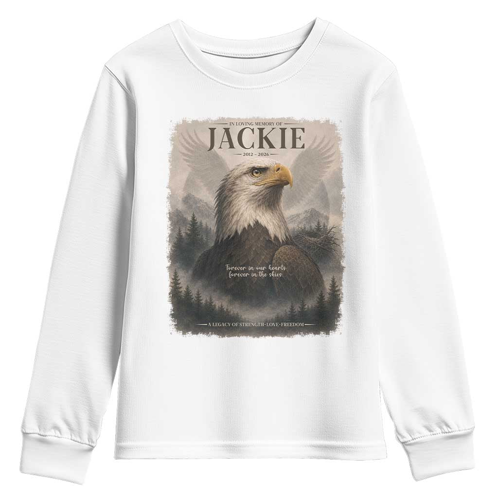 In Loving Memory of Jackie Eagle Memorial Portrait Youth Sweatshirt 2012 2026 Legacy Of Strength Wilderness Tribute TS02 White Print Your Wear