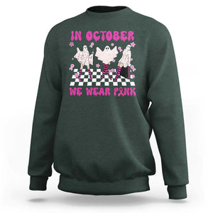 In October We Wear Pink Sweatshirt Breast Cancer Boo Sheet Halloween Ghost TS02 Dark Forest Green Print Your Wear