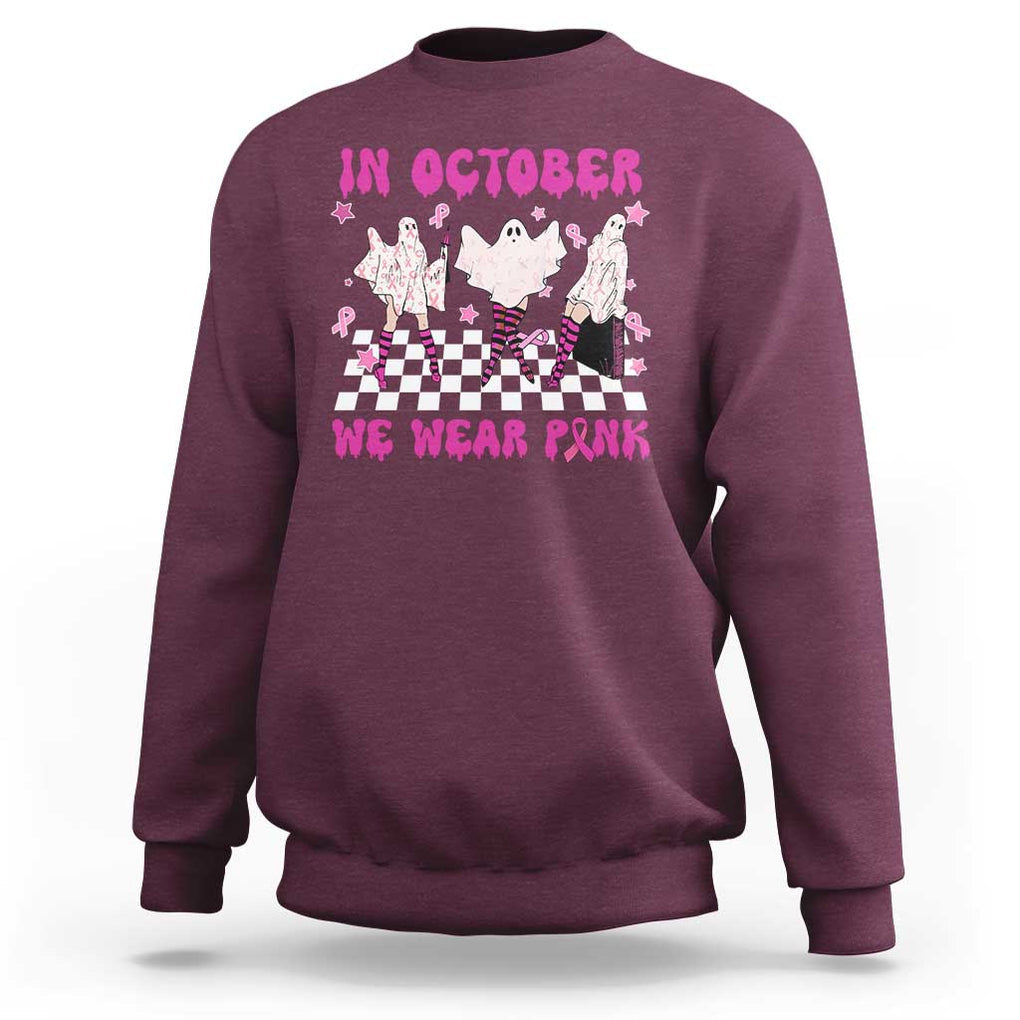 In October We Wear Pink Sweatshirt Breast Cancer Boo Sheet Halloween Ghost TS02 Maroon Print Your Wear