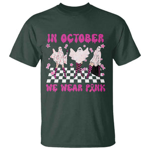 In October We Wear Pink T Shirt Breast Cancer Boo Sheet Halloween Ghost TS02 Dark Forest Green Print Your Wear