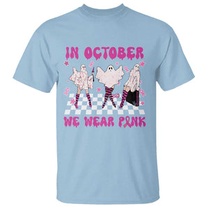 In October We Wear Pink T Shirt Breast Cancer Boo Sheet Halloween Ghost TS02 Light Blue Print Your Wear