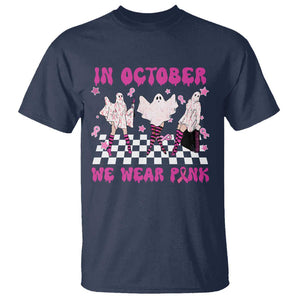 In October We Wear Pink T Shirt Breast Cancer Boo Sheet Halloween Ghost TS02 Navy Print Your Wear