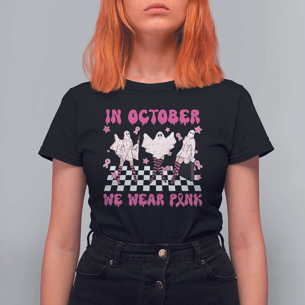 In October We Wear Pink T Shirt For Women Breast Cancer Boo Sheet Halloween Ghost TS02 Black Print Your Wear