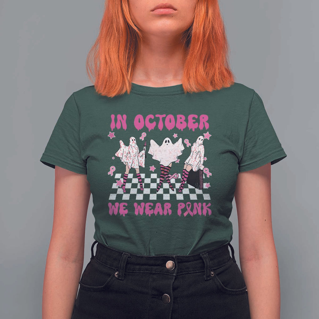 In October We Wear Pink T Shirt For Women Breast Cancer Boo Sheet Halloween Ghost TS02 Dark Forest Green Print Your Wear