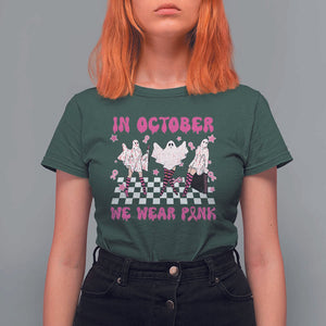 In October We Wear Pink T Shirt For Women Breast Cancer Boo Sheet Halloween Ghost TS02 Dark Forest Green Print Your Wear