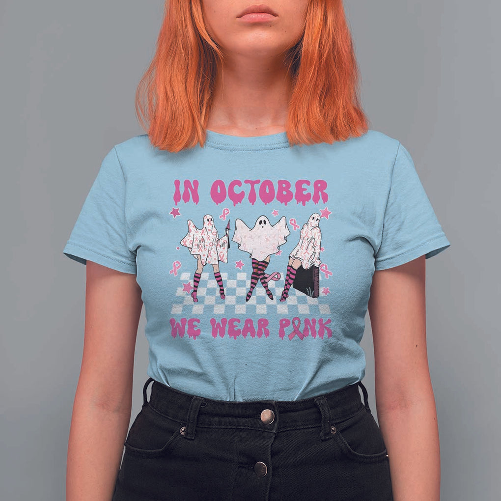 In October We Wear Pink T Shirt For Women Breast Cancer Boo Sheet Halloween Ghost TS02 Light Blue Print Your Wear