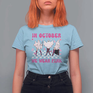 In October We Wear Pink T Shirt For Women Breast Cancer Boo Sheet Halloween Ghost TS02 Light Blue Print Your Wear