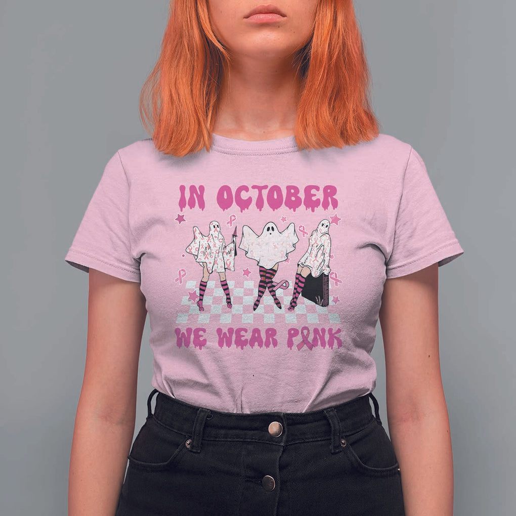 In October We Wear Pink T Shirt For Women Breast Cancer Boo Sheet Halloween Ghost TS02 Light Pink Print Your Wear