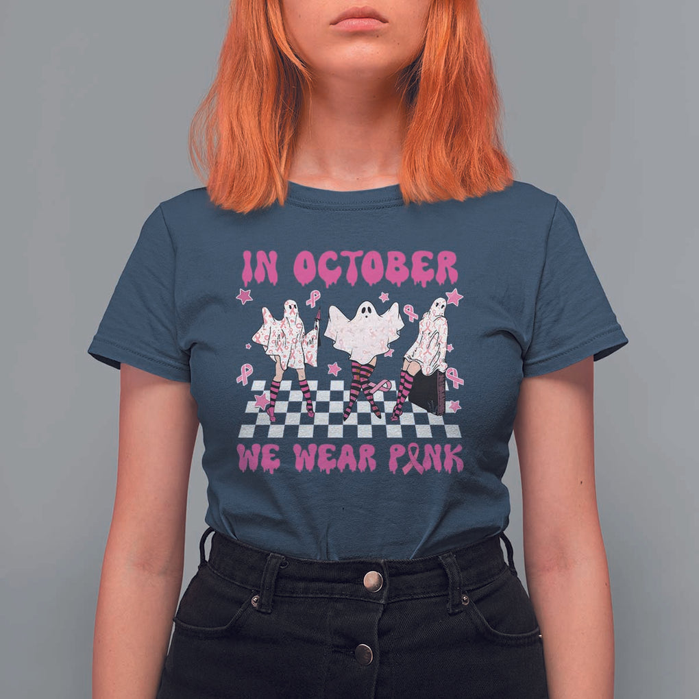 In October We Wear Pink T Shirt For Women Breast Cancer Boo Sheet Halloween Ghost TS02 Navy Print Your Wear
