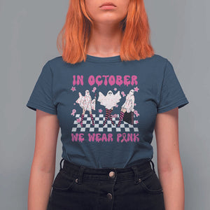 In October We Wear Pink T Shirt For Women Breast Cancer Boo Sheet Halloween Ghost TS02 Navy Print Your Wear