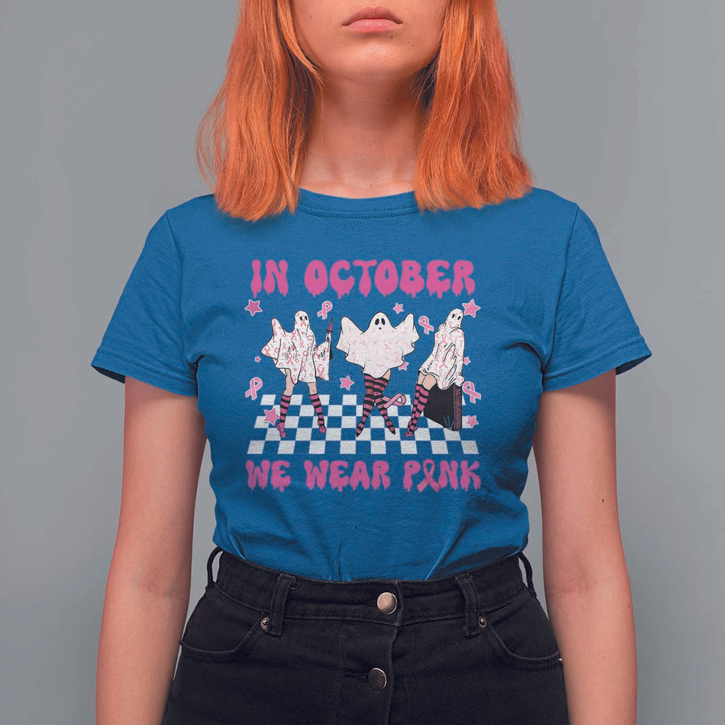 In October We Wear Pink T Shirt For Women Breast Cancer Boo Sheet Halloween Ghost TS02 Royal Blue Print Your Wear