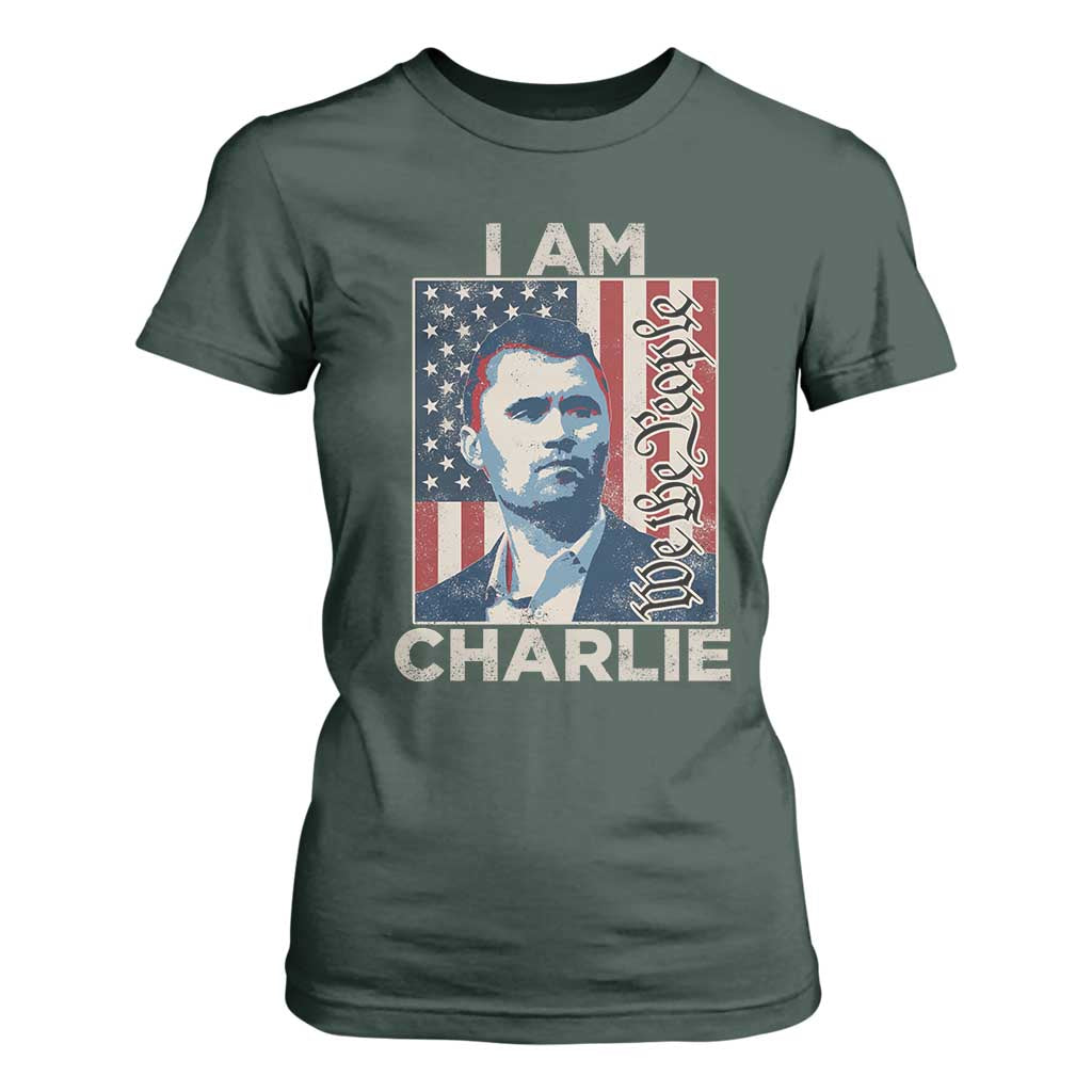 Stand With Charlie T Shirt For Women Patriotic Free Speech We The People American Flag Graphic TS02 Dark Forest Green Print Your Wear