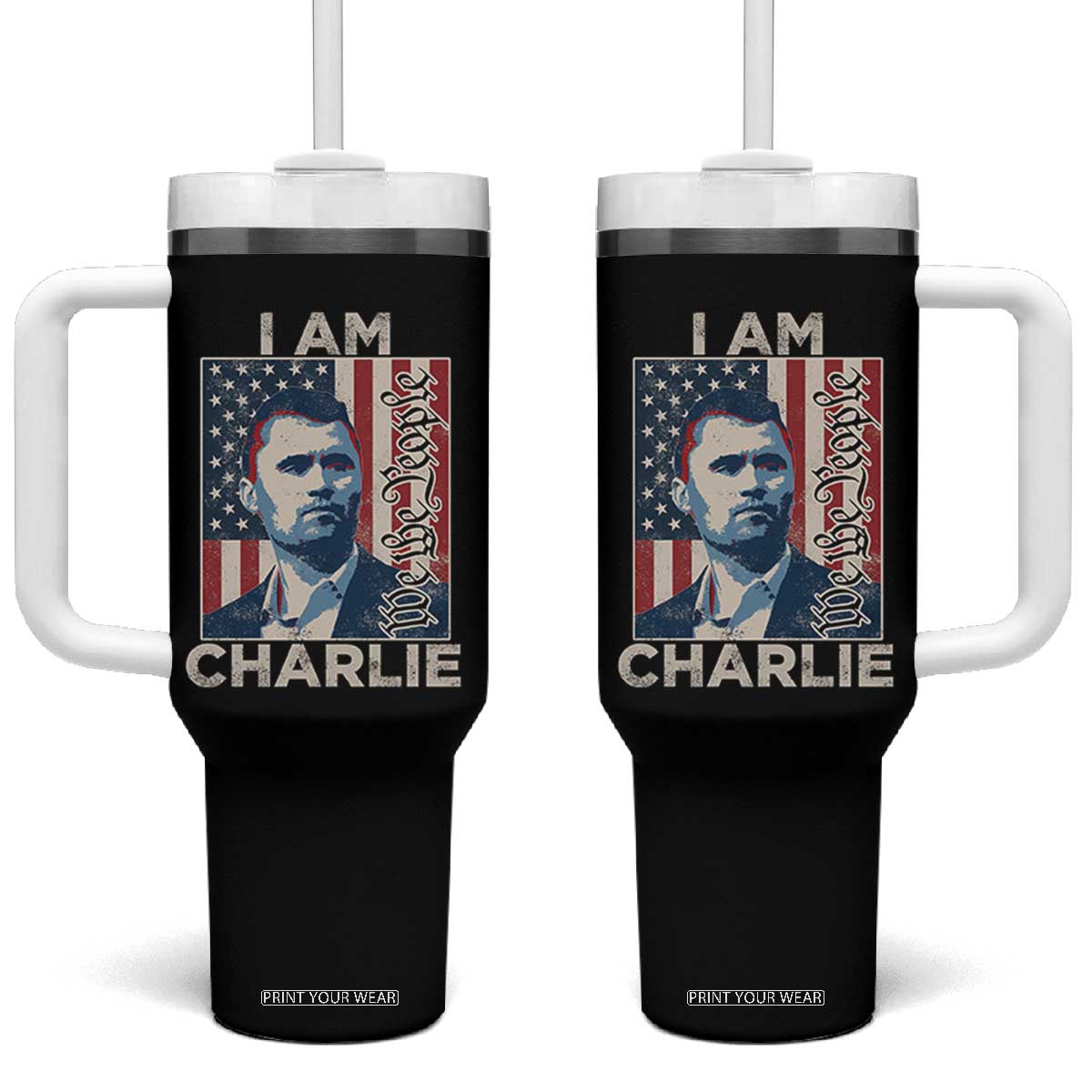 Stand With Charlie Tumbler With Handle Patriotic Free Speech We The People American Flag Graphic TS02 One Size: 40 oz Black Print Your Wear