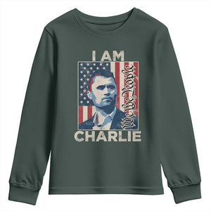 Stand With Charlie Youth Sweatshirt Patriotic Free Speech We The People American Flag Graphic TS02 Dark Forest Green Print Your Wear