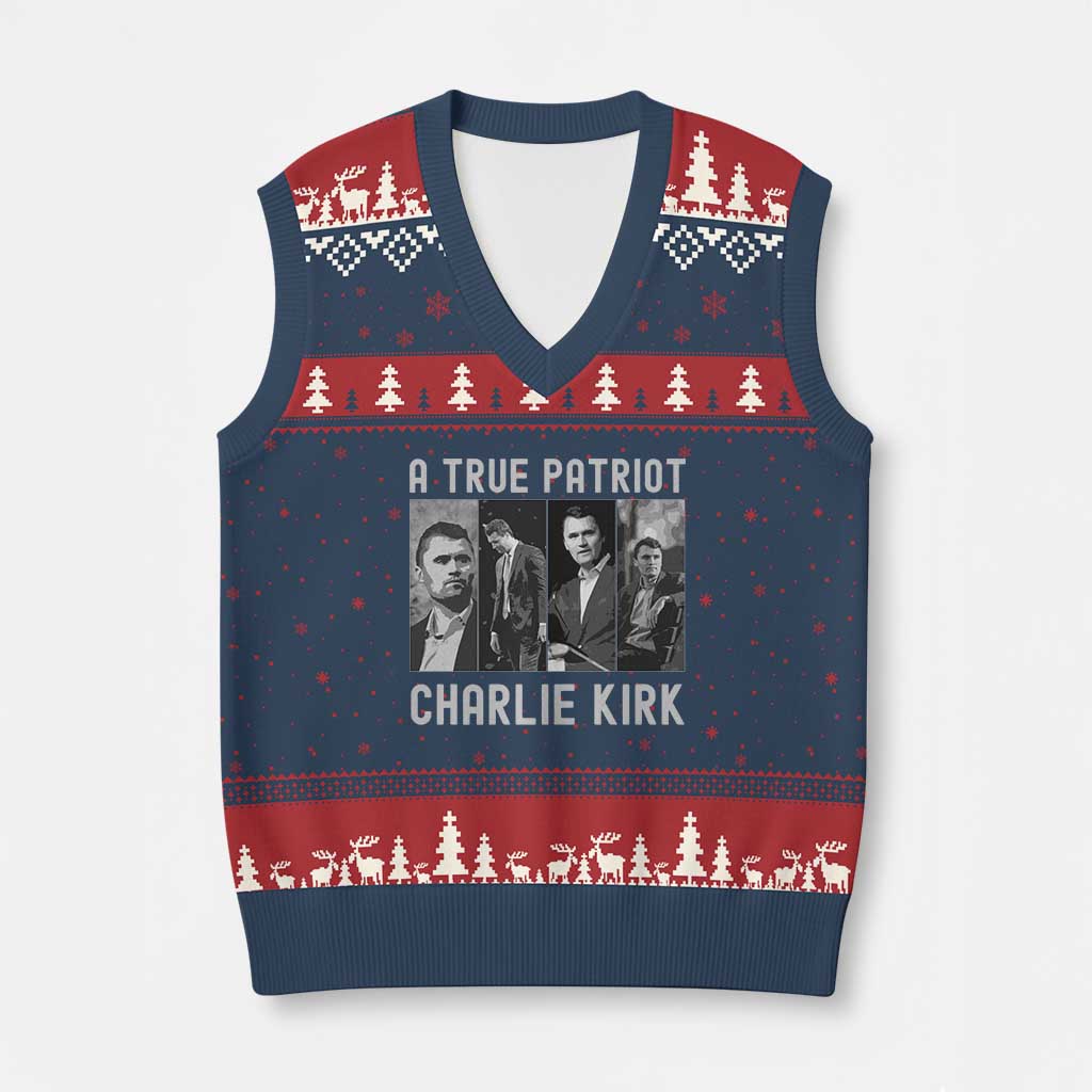 Charlie Kirk Tribute V-Neck Knit Sweater Vest A True Patriot Conservative Memorial TS02 Navy Red Print Your Wear