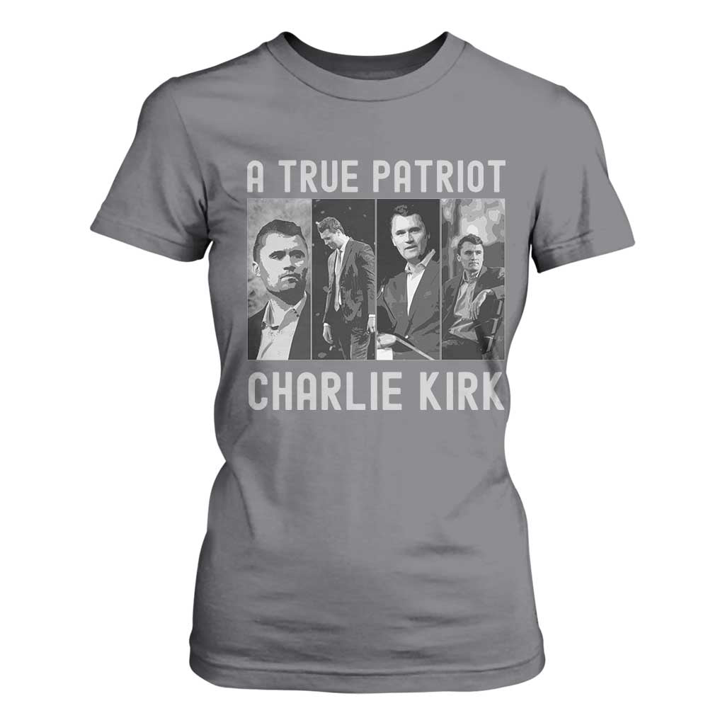 Charlie Kirk Tribute T Shirt For Women A True Patriot Conservative Memorial TS02 Charcoal Print Your Wear