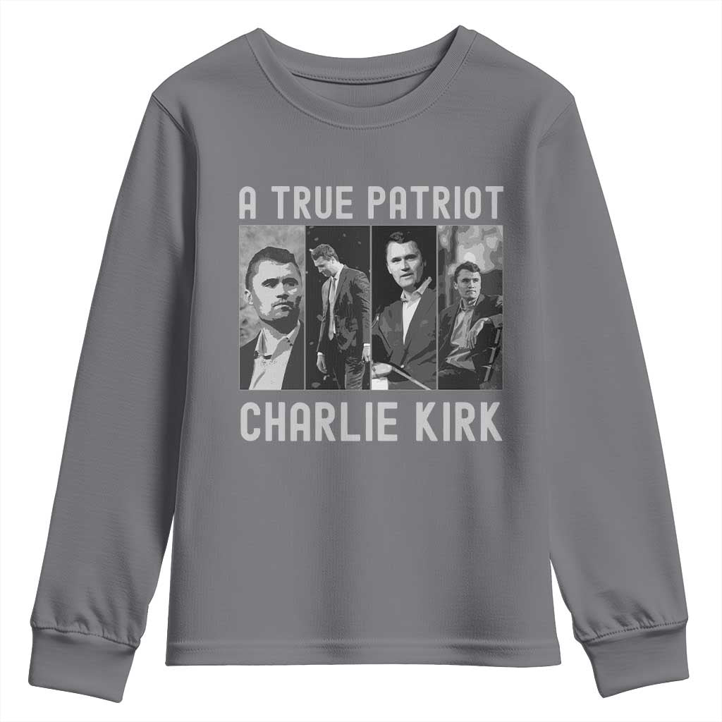 Charlie Kirk Tribute Youth Sweatshirt A True Patriot Conservative Memorial TS02 Charcoal Print Your Wear