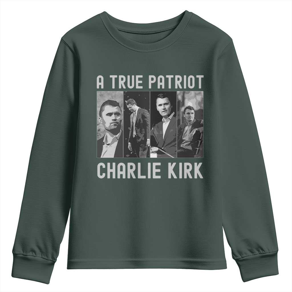 Charlie Kirk Tribute Youth Sweatshirt A True Patriot Conservative Memorial TS02 Dark Forest Green Print Your Wear
