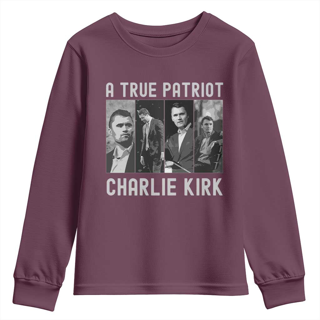 Charlie Kirk Tribute Youth Sweatshirt A True Patriot Conservative Memorial TS02 Maroon Print Your Wear