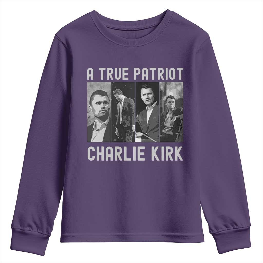 Charlie Kirk Tribute Youth Sweatshirt A True Patriot Conservative Memorial TS02 Purple Print Your Wear