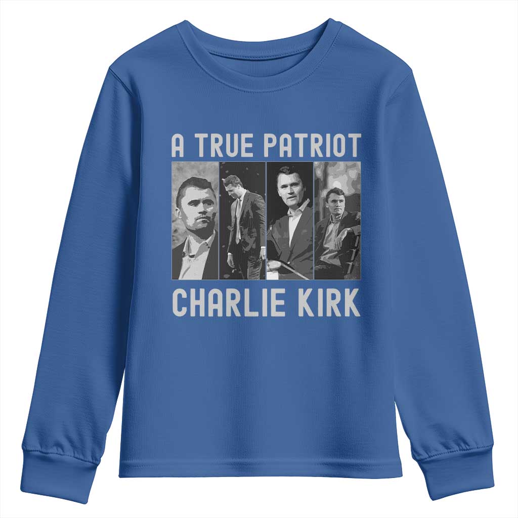 Charlie Kirk Tribute Youth Sweatshirt A True Patriot Conservative Memorial TS02 Royal Blue Print Your Wear