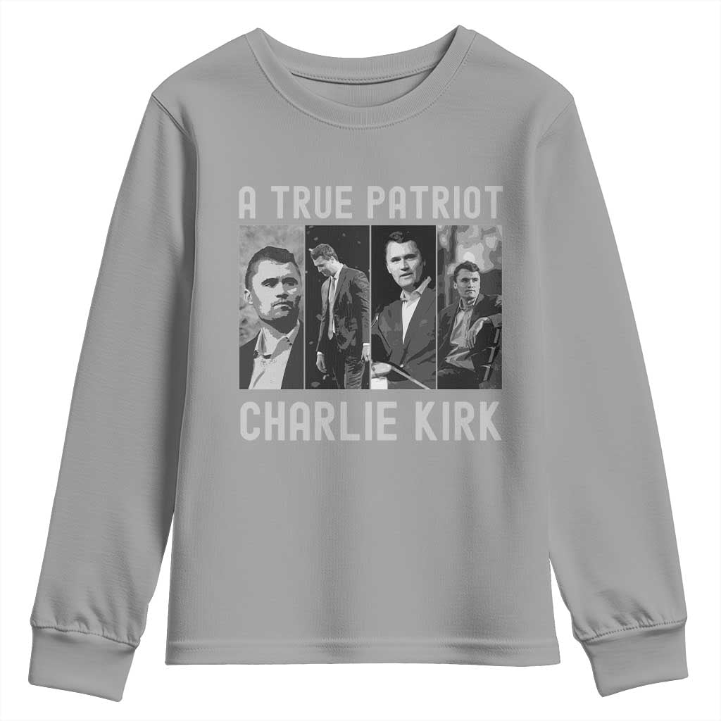 Charlie Kirk Tribute Youth Sweatshirt A True Patriot Conservative Memorial TS02 Sport Gray Print Your Wear