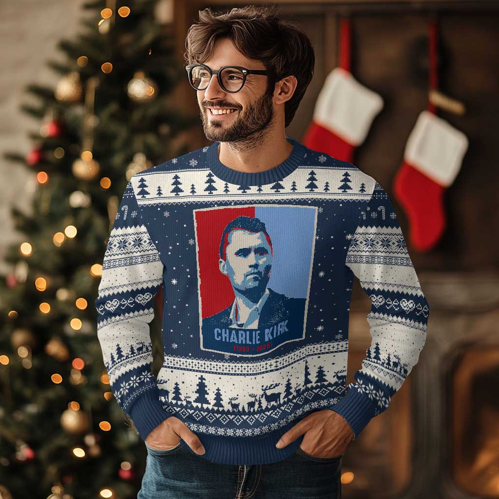 Charlie Kirk Tribute Ugly Christmas Sweater Freedom Hope Memorial 1993 2025 TS02 Navy Beige Print Your Wear