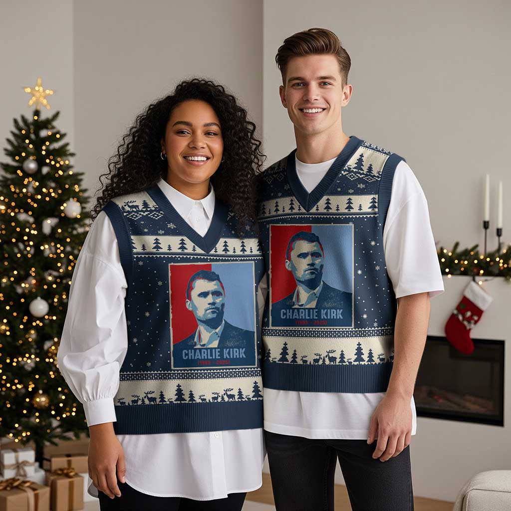 Charlie Kirk Tribute V-Neck Knit Sweater Vest Freedom Hope Memorial 1993 2025 TS02 Navy Beige Print Your Wear