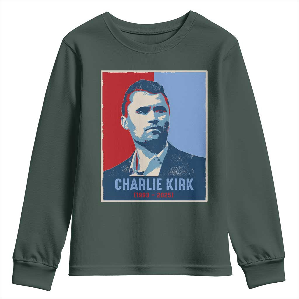 Charlie Kirk Tribute Youth Sweatshirt Freedom Hope Memorial 1993 2025 TS02 Dark Forest Green Print Your Wear
