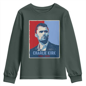 Charlie Kirk Tribute Youth Sweatshirt Freedom Hope Memorial 1993 2025 TS02 Dark Forest Green Print Your Wear