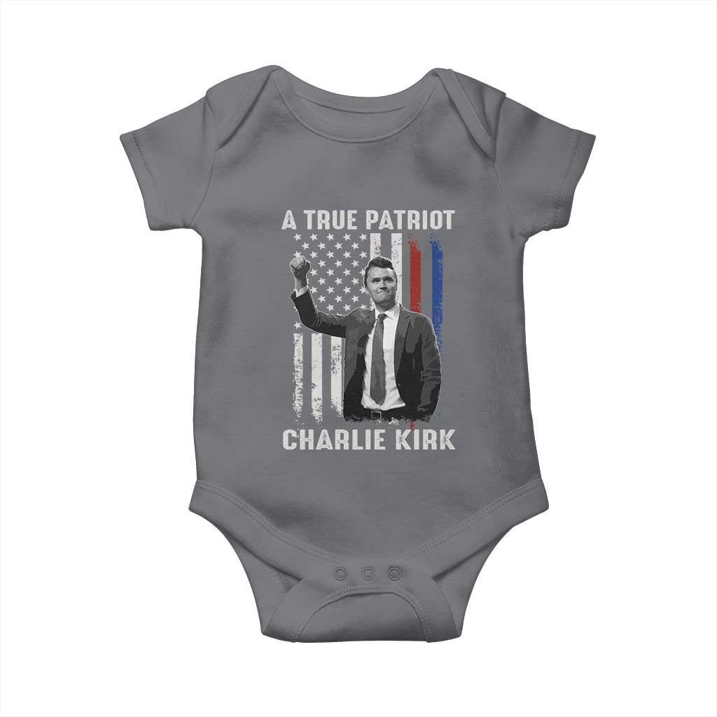 Charlie Kirk Tribute Baby Onesie A True Patriot Freedom American Flag TS02 Charcoal Print Your Wear