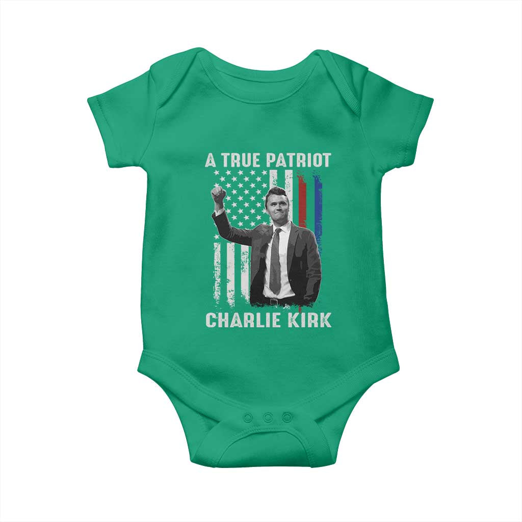 Charlie Kirk Tribute Baby Onesie A True Patriot Freedom American Flag TS02 Irish Green Print Your Wear