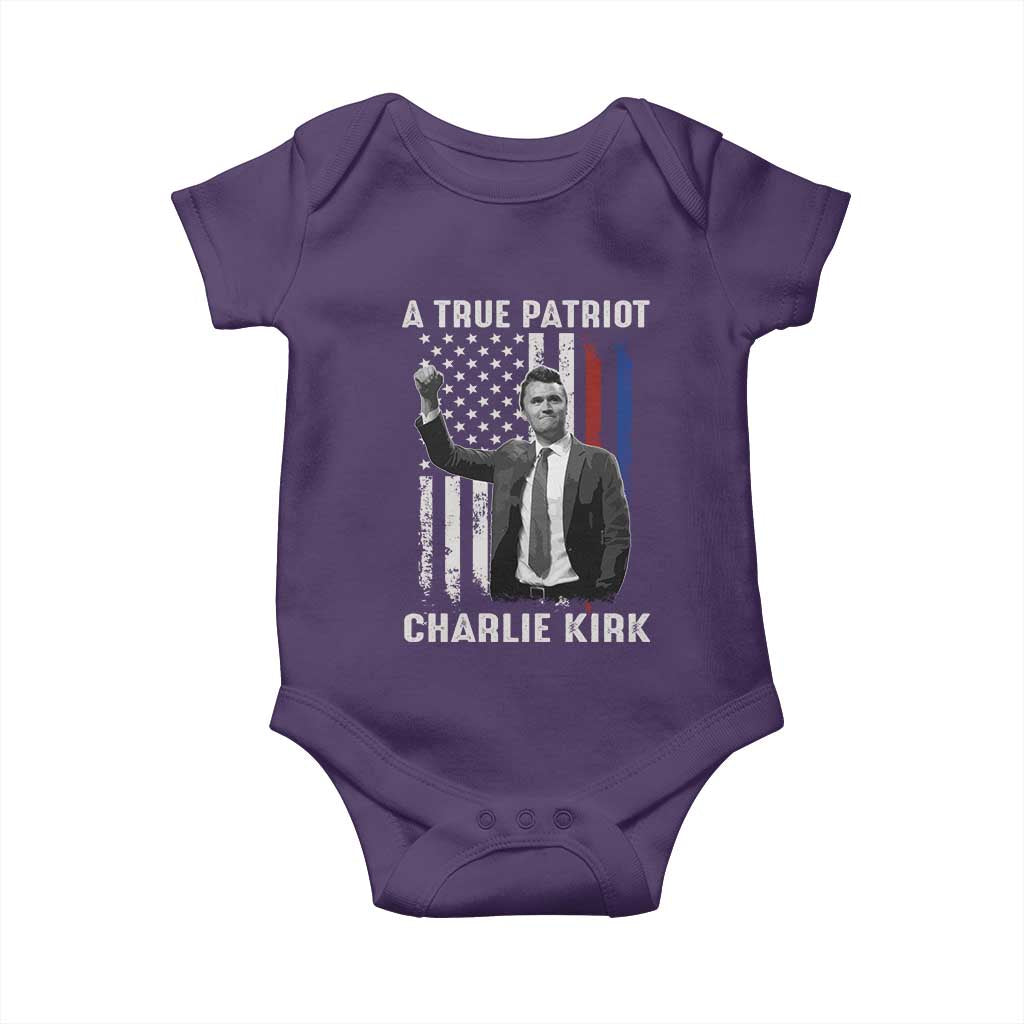 Charlie Kirk Tribute Baby Onesie A True Patriot Freedom American Flag TS02 Purple Print Your Wear