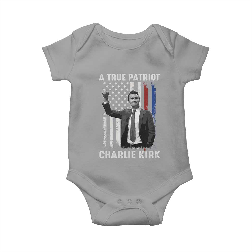 Charlie Kirk Tribute Baby Onesie A True Patriot Freedom American Flag TS02 Sport Gray Print Your Wear