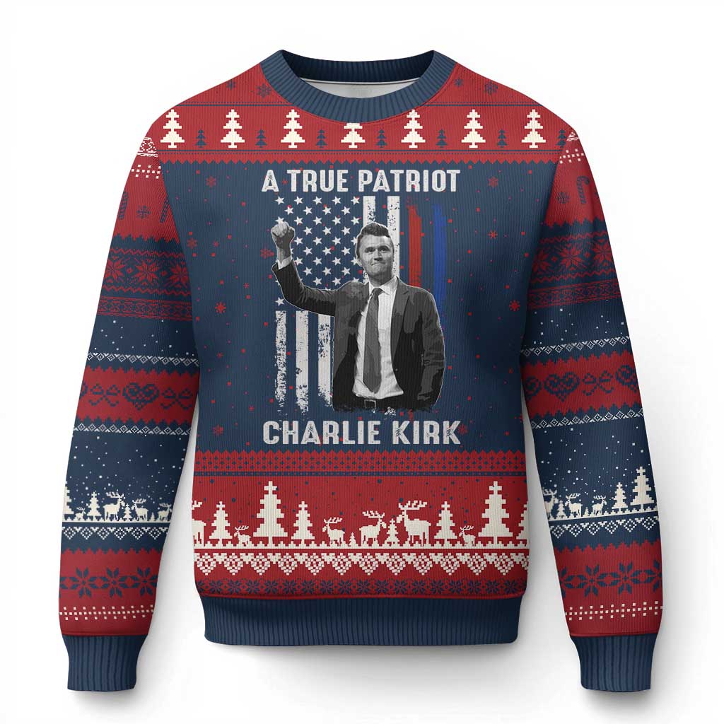 Charlie Kirk Tribute Ugly Christmas Sweater A True Patriot Freedom American Flag TS02 Navy Red Print Your Wear