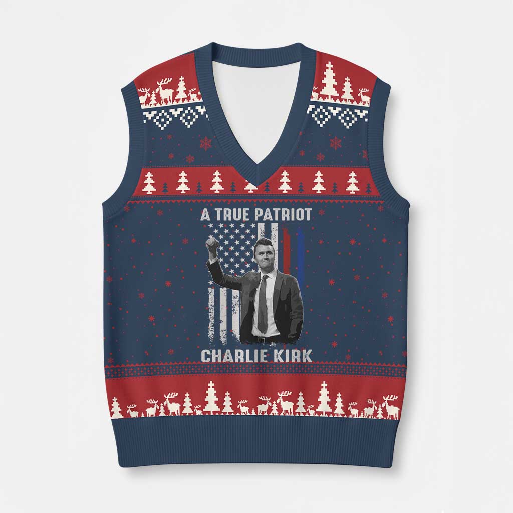 Charlie Kirk Tribute V-Neck Knit Sweater Vest A True Patriot Freedom American Flag TS02 Navy Red Print Your Wear