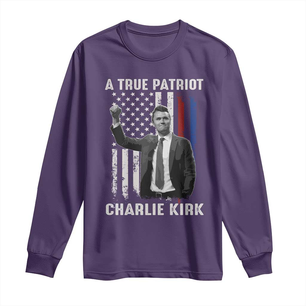Charlie Kirk Tribute Long Sleeve Shirt A True Patriot Freedom American Flag TS02 Purple Print Your Wear