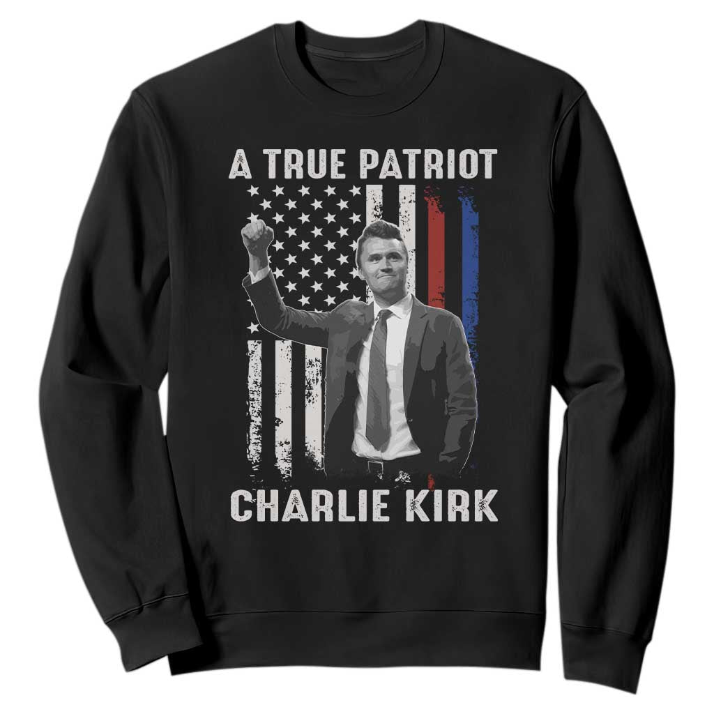 Charlie Kirk Tribute Sweatshirt A True Patriot Freedom American Flag TS02 Black Print Your Wear