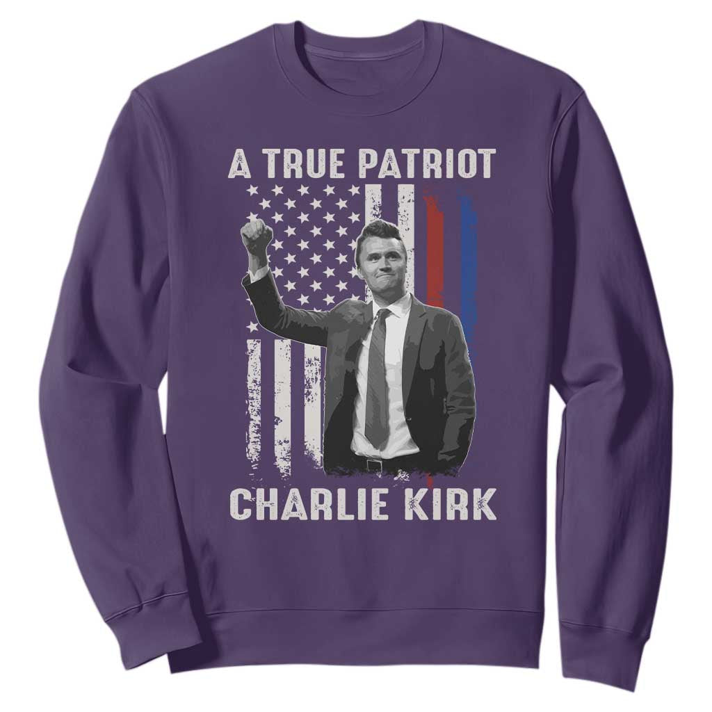 Charlie Kirk Tribute Sweatshirt A True Patriot Freedom American Flag TS02 Purple Print Your Wear