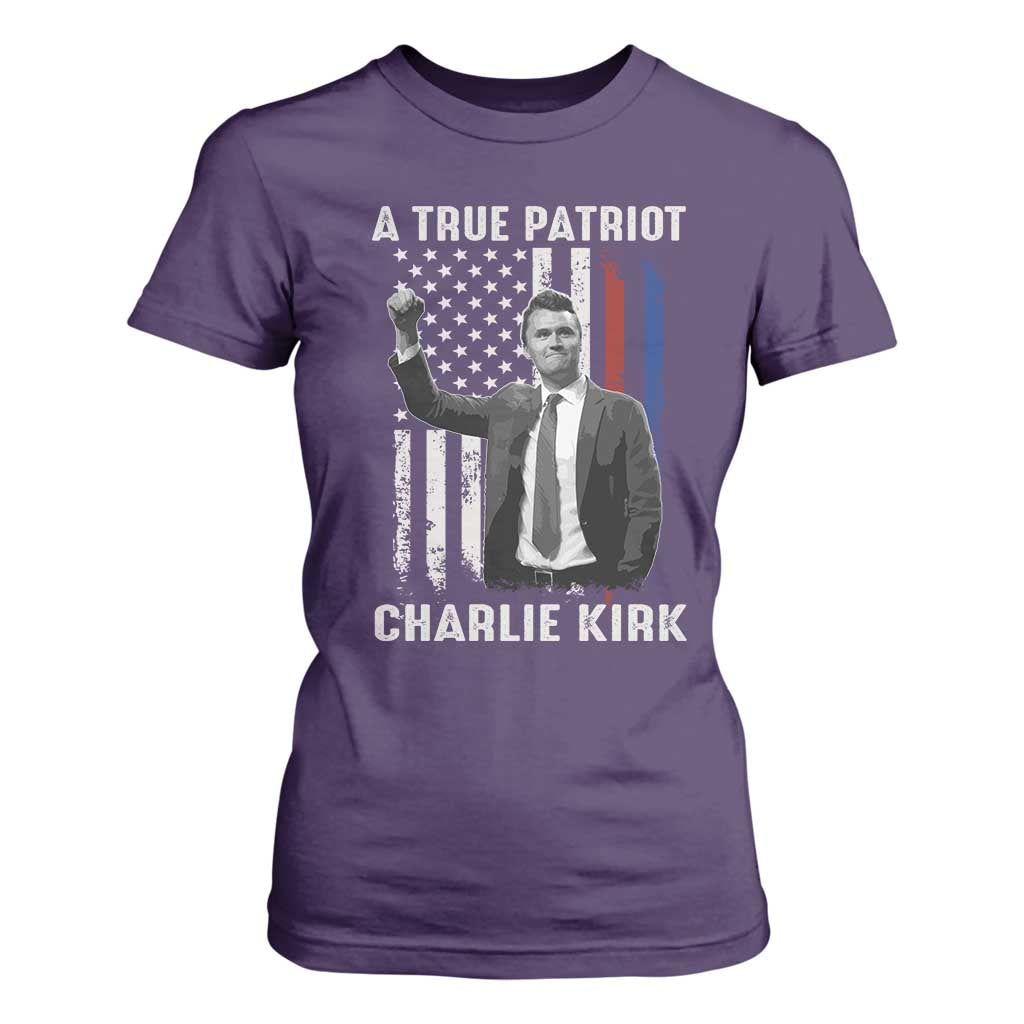Charlie Kirk Tribute T Shirt For Women A True Patriot Freedom American Flag TS02 Purple Print Your Wear